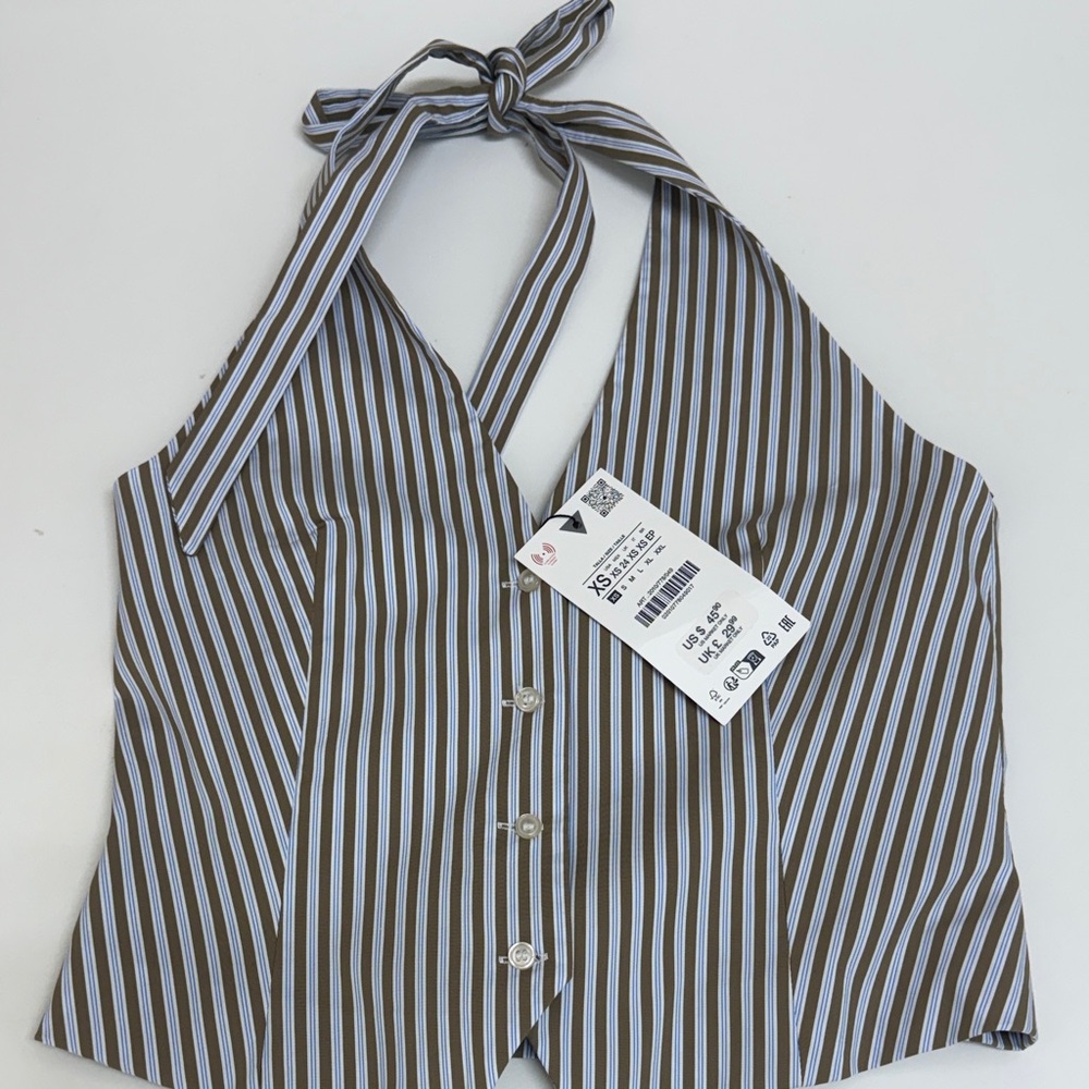 NWT Zara Striped Halter Button-Front Top in Brown and Light Blue